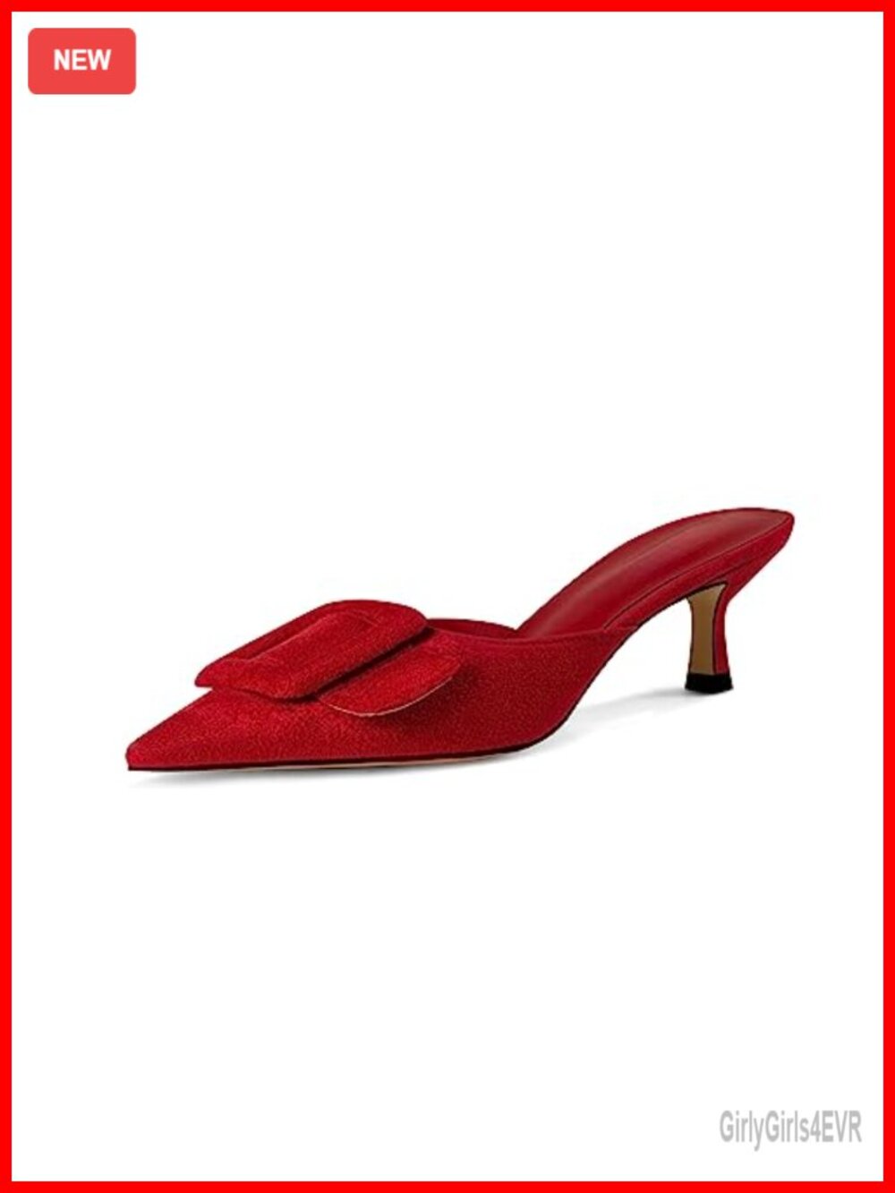 Kitten Heel Mules Pointed Toe Square Buckle Slip On Suede Dress Sandals